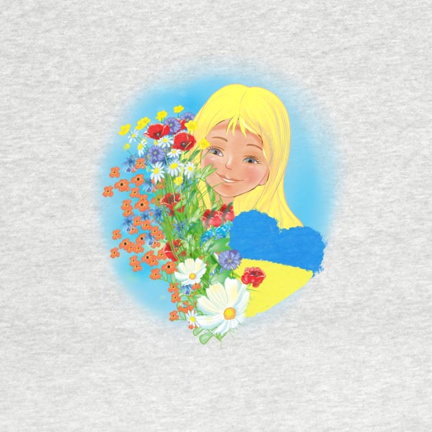 Ukrainian girl in a wreath with a heart in the colors of the flag of Ukraine. Peace to Ukraine by sonaart